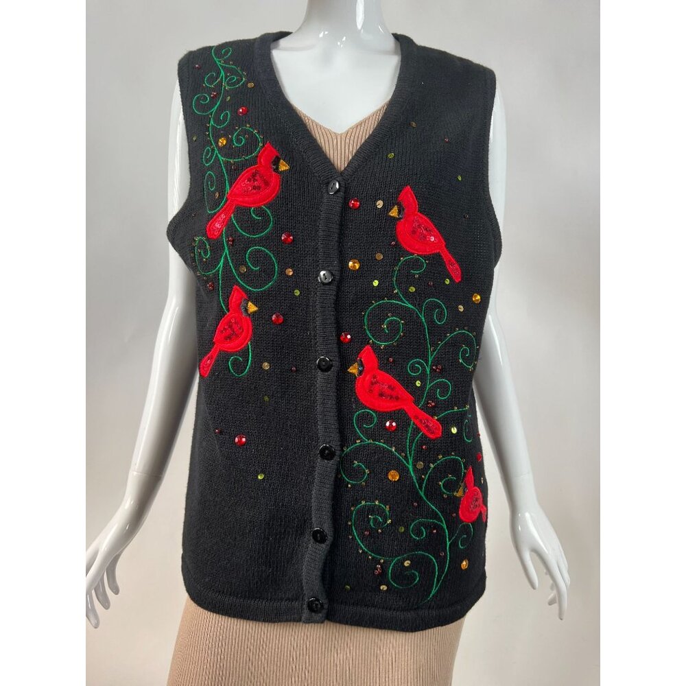 Kim Rogers Womens Festive Cardinal Embroidered Sweater Vest Black Size L